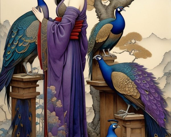 Elegant Woman in Traditional Asian Attire with Peacocks