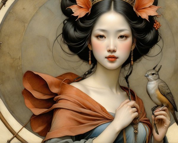 Serene young woman with flowers and a bird in hand