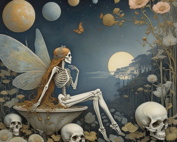 Skeletal Fairy in Moonlit Floral and Skull Scene