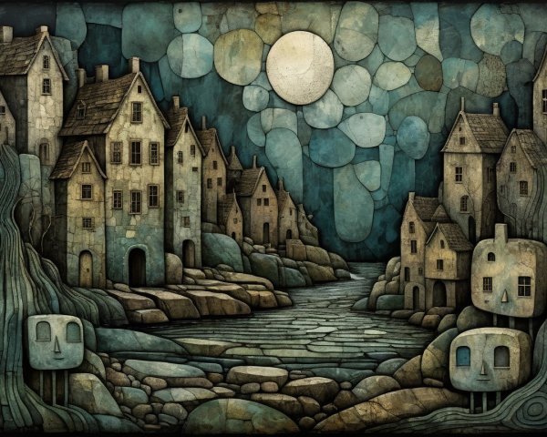 Surreal Landscape with Irregular Houses and Moonlight