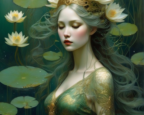 Mystical female figure with grey hair, golden crown, surrounded by lotus flowers