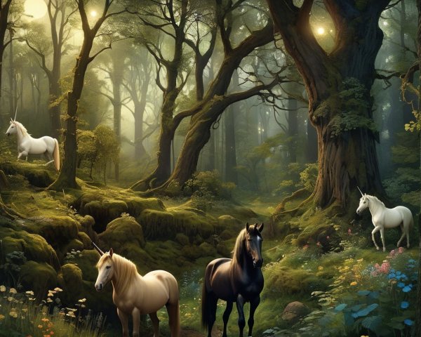 Horses and Unicorns in a Mystical Forest Setting