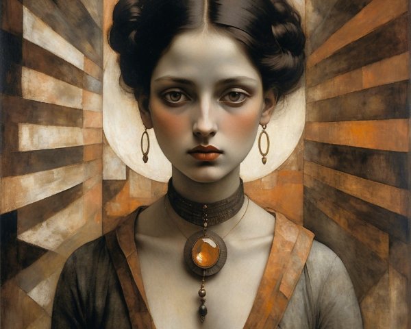 Young woman with halo and earthy striped background