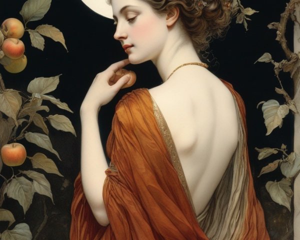 Woman with Apple Crown Contemplating Under Moonlit Sky