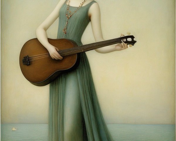 Ethereal woman in green gown with lute and surreal headdress