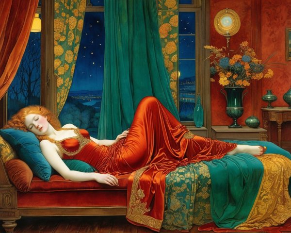 Serene Woman in Red Gown on Chaise Lounge at Night