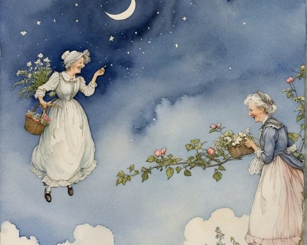 Elderly Women in Dreamy Night Sky Scene with Flowers