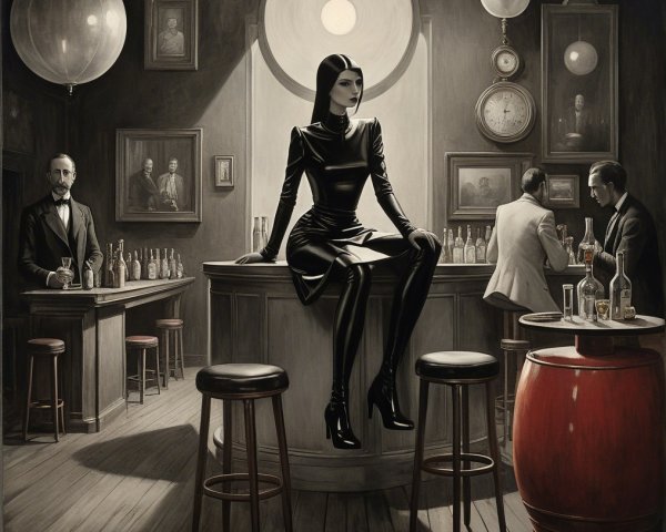Vintage Bar Scene with Elegant Patrons and Decor