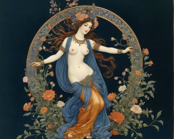 Art Nouveau Painting of Woman with Floral Arch