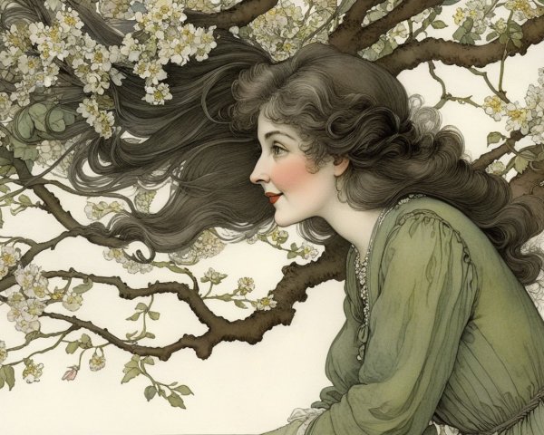 Young Woman in Nature with Blossoms and Green Garment
