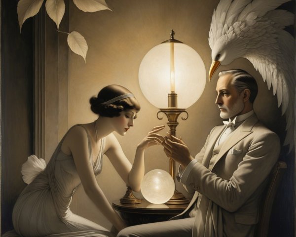 Glamorous Couple with Crystal Ball in Dimly Lit Room