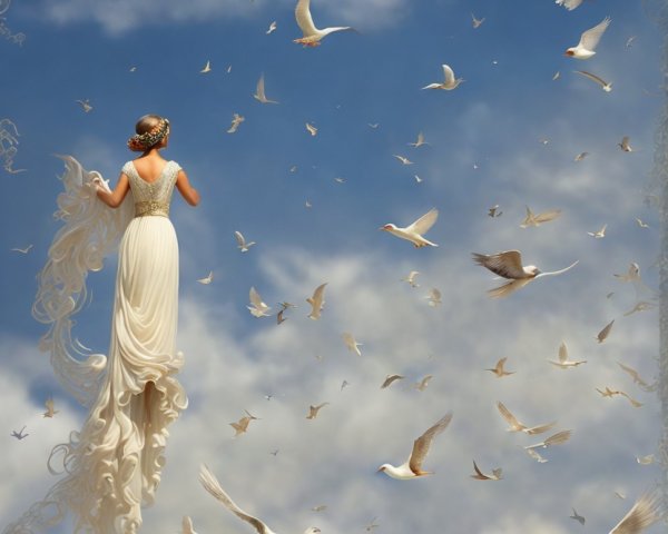 Woman in White Gown Ascending to Blue Sky with Birds