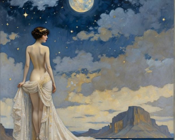 Serene Evening Scene with Woman in White Gown