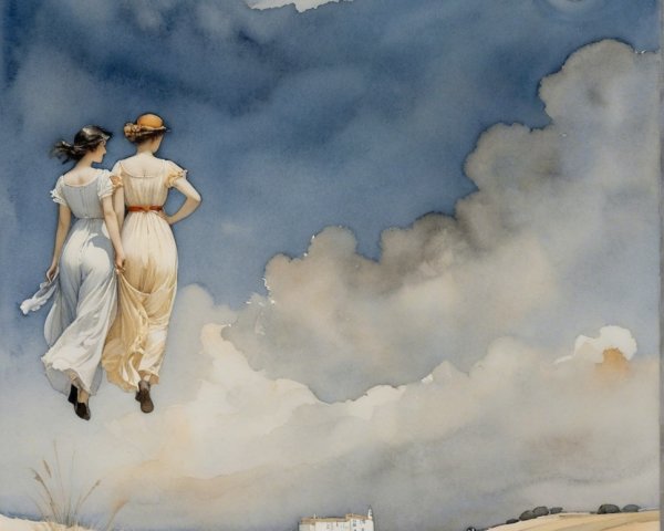 Women in Elegant Dresses on Coastal Landscape at Night