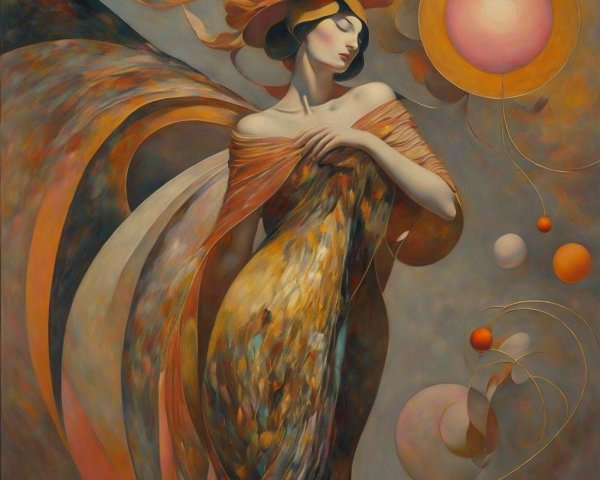 Elegant Figure in Flowing Fabric with Celestial Elements