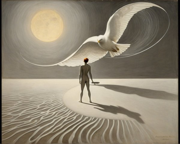 Surreal Scene of Nude Figure and Majestic Owl Under Moon