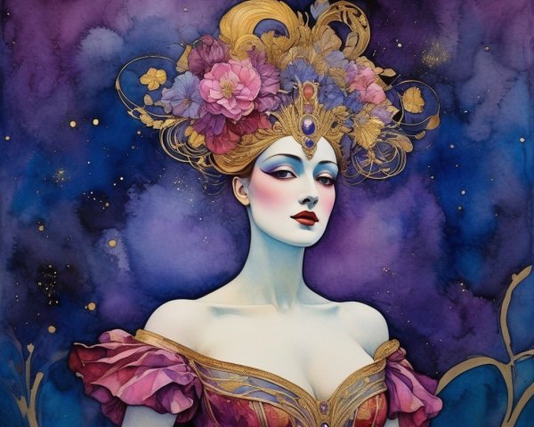 Woman with Floral Headdress in Golden Dress on Starry Background
