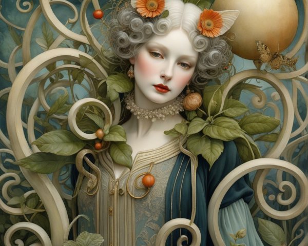 Serene Woman Surrounded by Vines and Mystical Elements