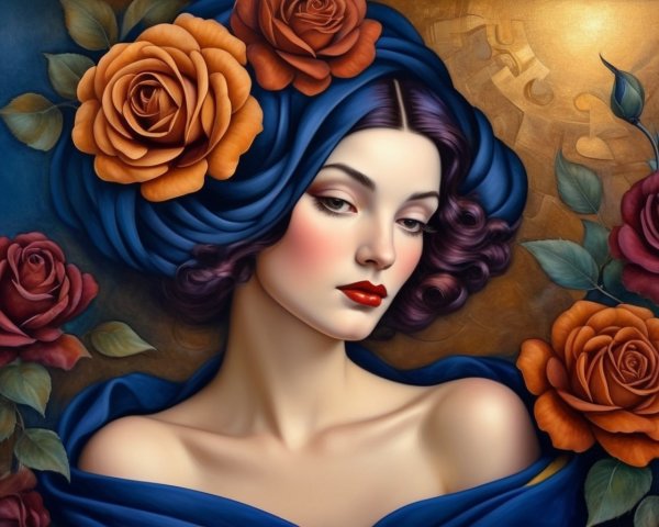 Stylized portrait of a woman with blue hair and roses