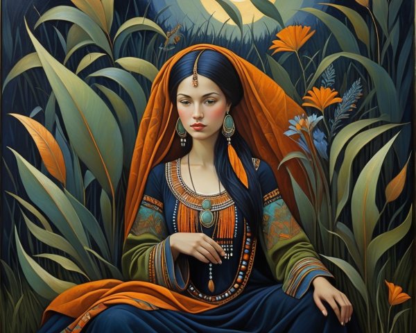 Oil Painting of Indian Woman in Traditional Attire