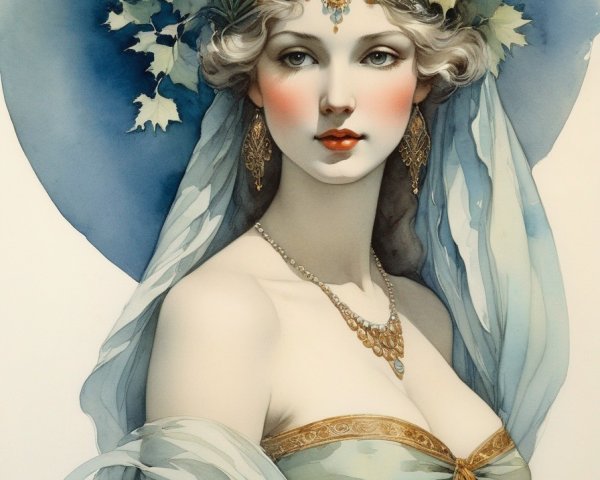 Portrait of woman with leafy headdress & jeweled headpiece, wearing sheer shawl & golden
