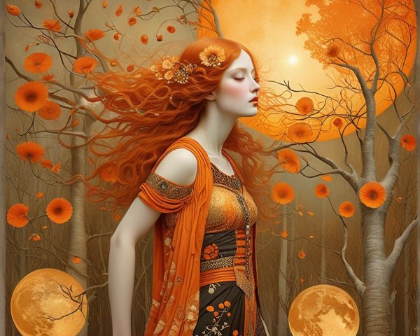 Serene figure in orange gown under full moon setting