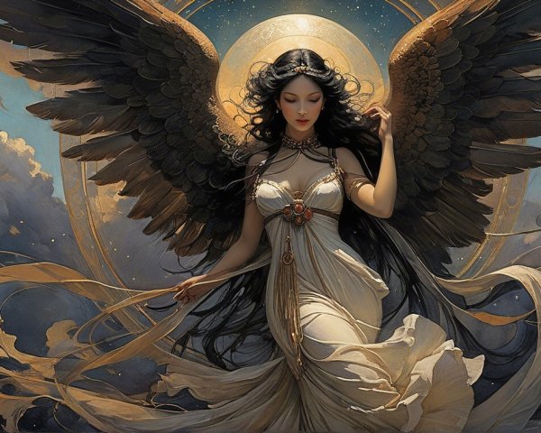 Majestic figure with wings in a celestial setting