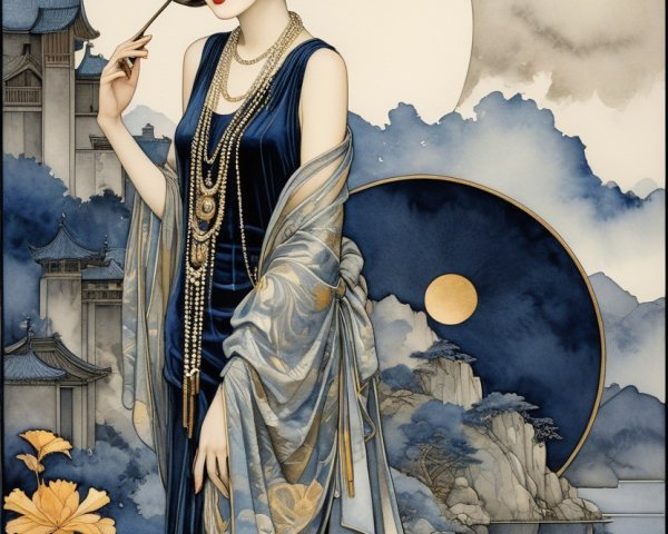 Elegant Woman in Blue Gown with Scenic Backdrop