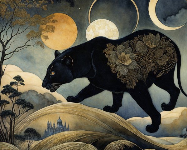Black Panther Among Moons and Enchanted Landscape