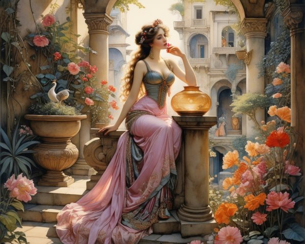 Elegant woman in pink gown by flower-filled courtyard