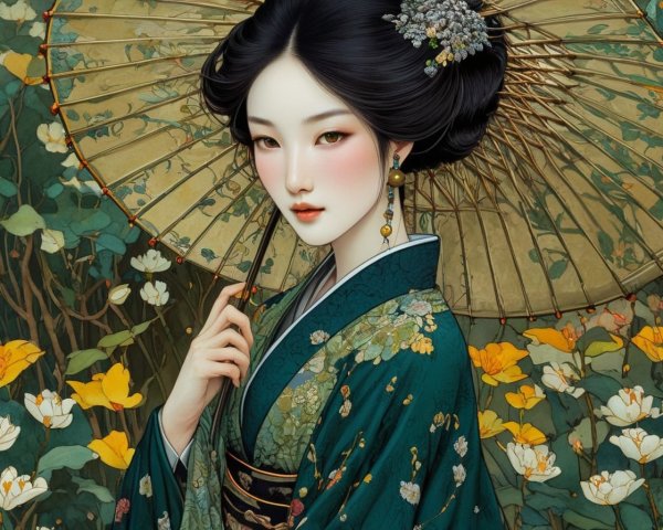 Illustration of a woman in East Asian attire with umbrella