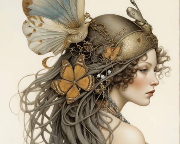 Profile of a Woman with Gray Hair and Butterflies