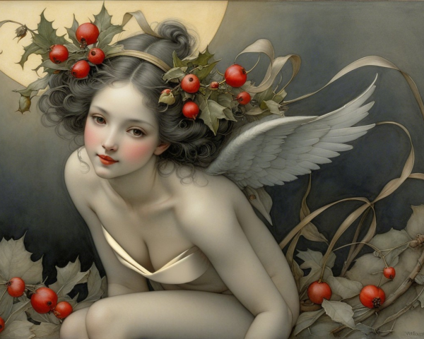 Young Woman with Wings in Enchanting Fantasy Scene