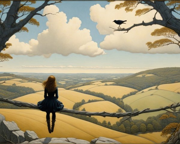 Young girl in dark dress on branch with scenic view