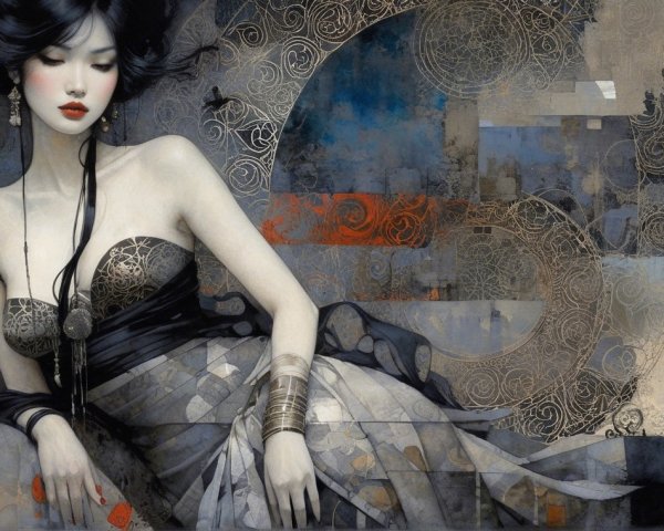 Stylized Figure of Woman in Elegant Dress and Background