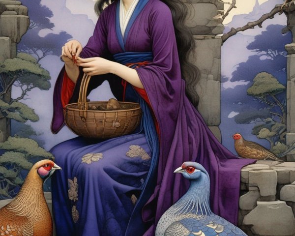 Elegant Woman in Traditional Attire with Pheasants