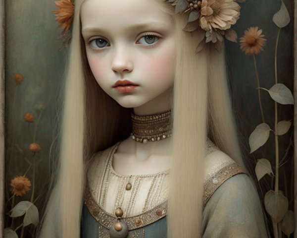 Portrait of pale girl with long blonde hair in vintage dress and autumn leaf headband