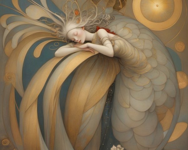 Serene figure in feather-like gown with celestial patterns