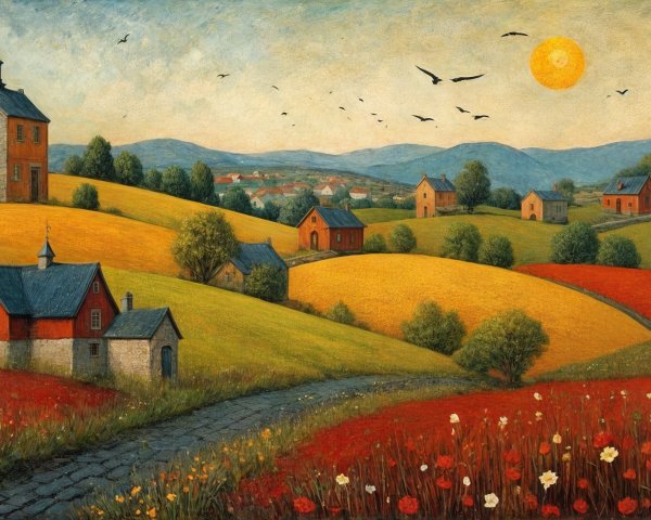 Serene countryside landscape with vibrant flower fields