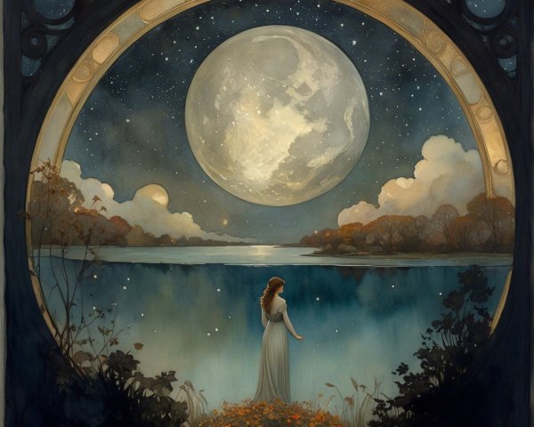 Serene Night Scene with Woman by Tranquil Lake