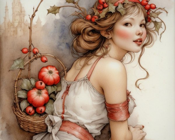 Whimsical Illustration of a Young Woman with Apples