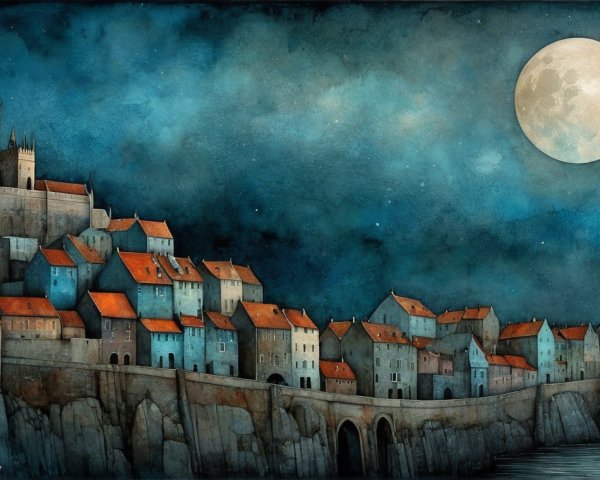 Serene Night Scene of Coastal Town with Castle