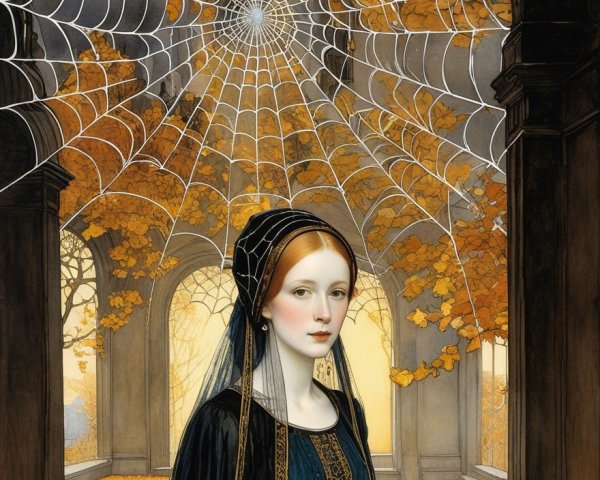Serene Woman in Historical Attire Beneath Spiderweb