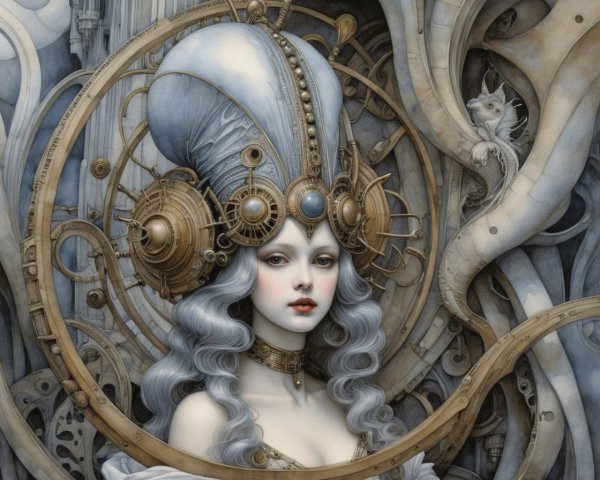 Futuristic Figure with Silver Hair and Headdress