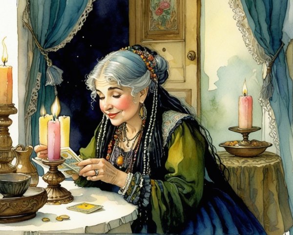 Elderly Woman Reading Tarot Cards in Cozy Setting