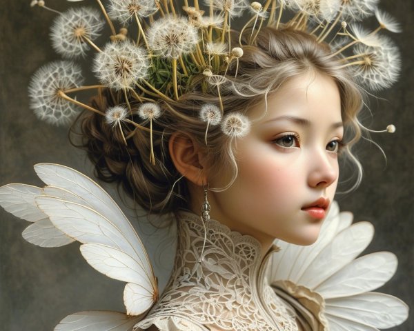 Delicate Maiden with Butterfly Wings and Dandelion Crown
