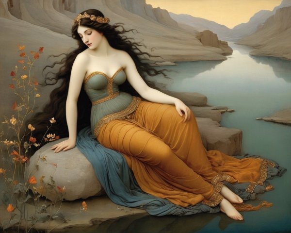 Serene Figure by Calm River in Flowing Garments