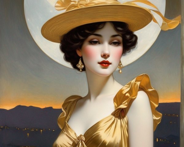 Glamorous Woman in Gold Gown Under Full Moon