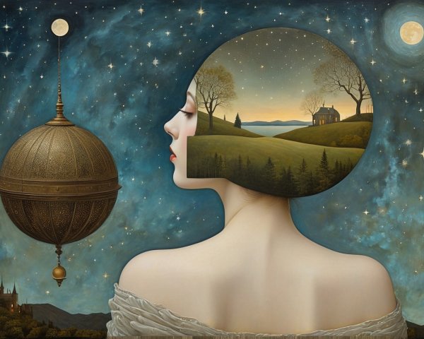 Surreal Painting of Woman's Profile with Landscape Inside