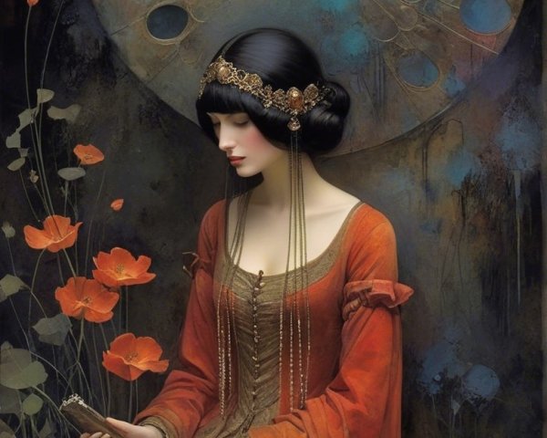 Serene Woman in Orange Gown Surrounded by Poppies